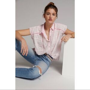 NEW Anthropologie Pilcro Serena Pink Ladder Lace Surf Henley Blouse Small Medium